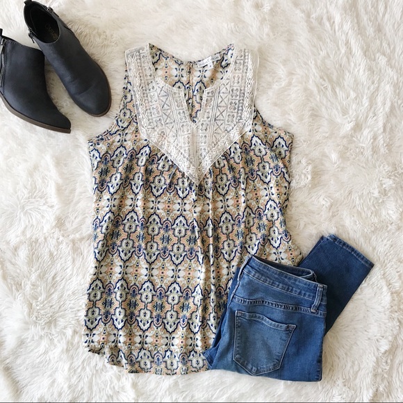 Moa Moa Tops - Moa Moa lace and navy, cream, peach sleeveless top